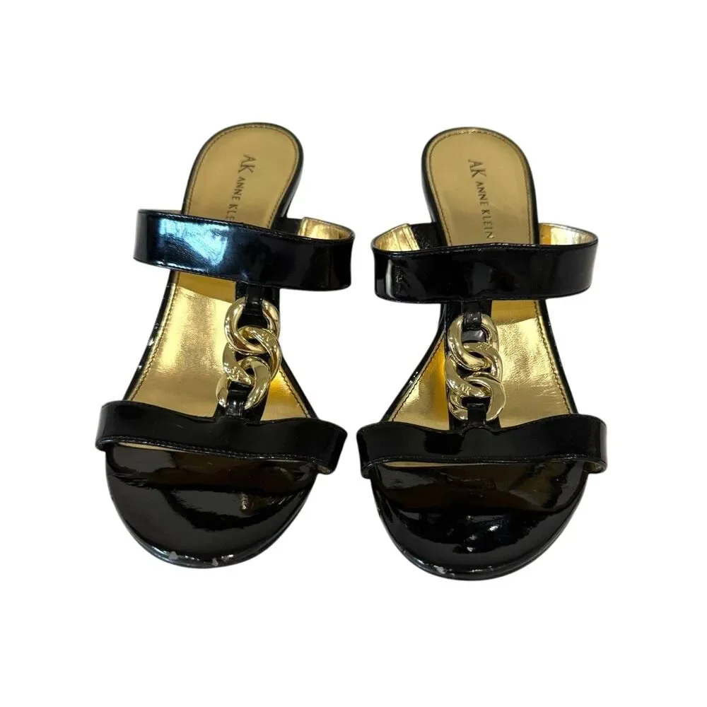 Anne Klein Black‎ Gold Chain Link Heels Sandal Slides Professional Womens 8.5